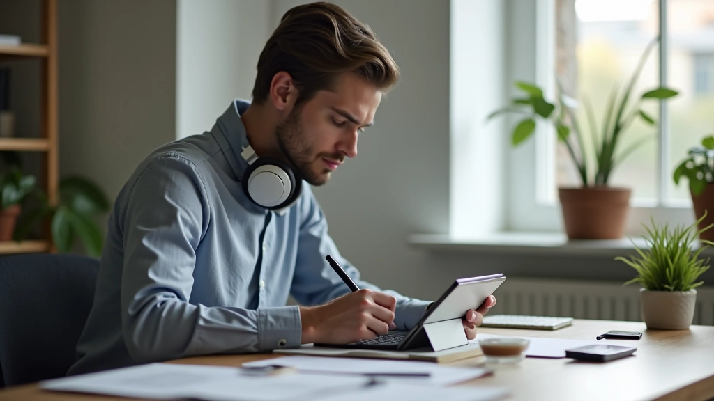 Designér pracuje na minimalistickém projektu s velkými odsazeními, vídíme skici a nástroje na stole