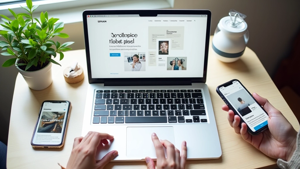 Pracovní prostor designéra s notebookem a několika mobilními telefony zobrazujícími tytéž webové stránky v různých rozměrech